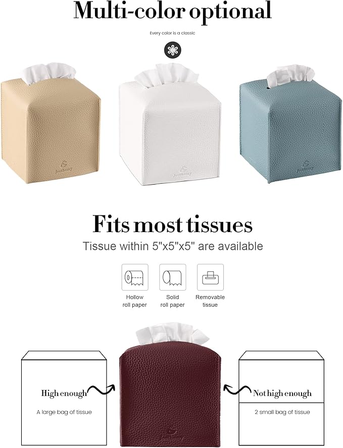Tissue Box Cover, Jeethemy Square PU Leather Tissue Box Holder, Modern Tissue Case Facial Paper Organizer Dispenser，5X5X5'',Single Wine
