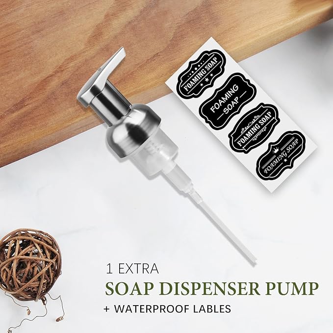 Amolliar Plastic Mason Jar Foaming Soap Dispenser with Pump Lid,16OZ Refillable Hand Soap Dispenser with Cute Lables - Farmhouse Decor for Kitchen/Bathroom, Lotion Dish Soap (1 Pack, Silver)