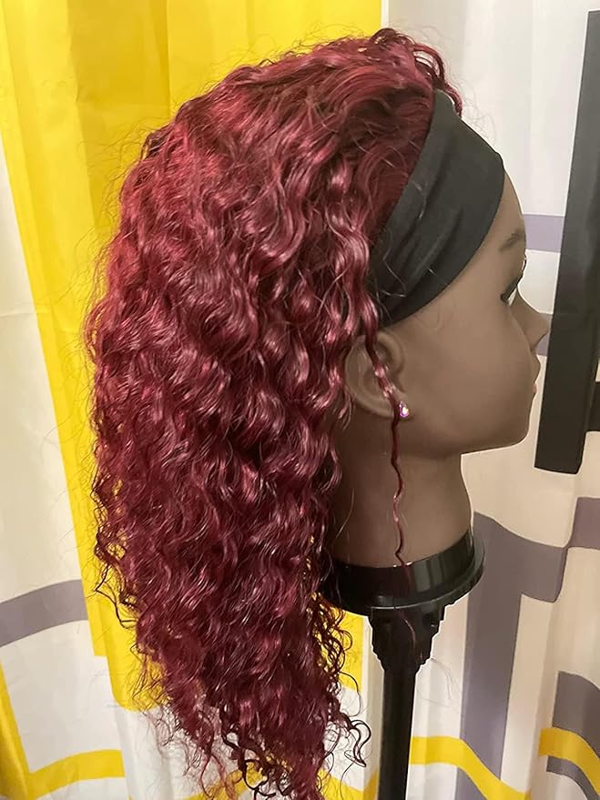 XSY Headband Wig Human Hair 99J Burgundy Deep Wave Headband Wig 16 Inch Red Colored Curly Headband Wig Glueless No Lace Front Wig Brazilian Virgin Human Hair Wigs for Black Women 150% Density