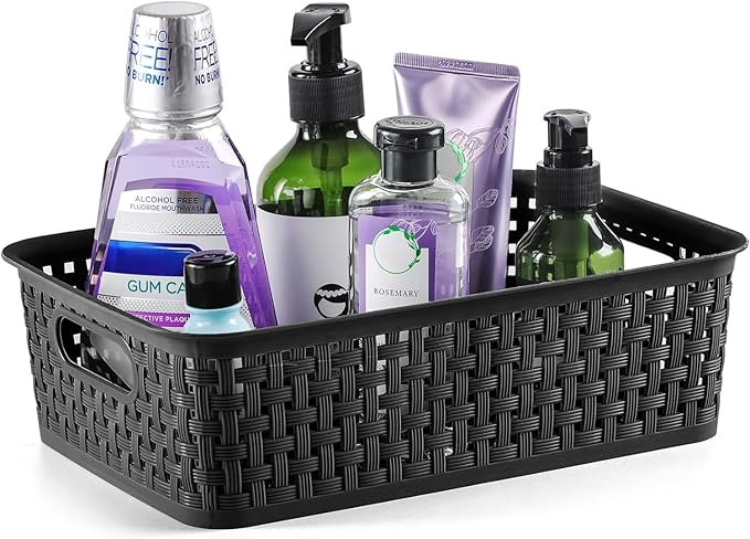 [ 8 Pack ] Plastic Storage Baskets, Small Pantry Organization and Storage Bins, Household Organizers for Laundry Room, Bathrooms, Kitchens, Cabinets, Countertops, Under Sink or Shelves, Black