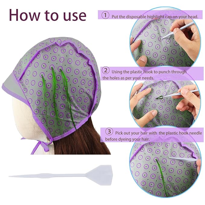 Hair Highlighting Cap, Purple Hair Coloring Frosting Dye Kit with Plastic Crochet Hook for Salon DIY Hair Dyeing Hairdressing