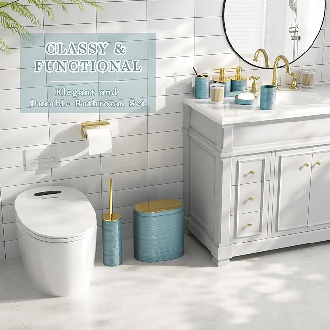 Bathroom Set, 10PC Bathroom Accessory Set, Light Blue Bathroom Accessories, Blue and Gold Bathroom Set with Trash Can, Soap Dispensers