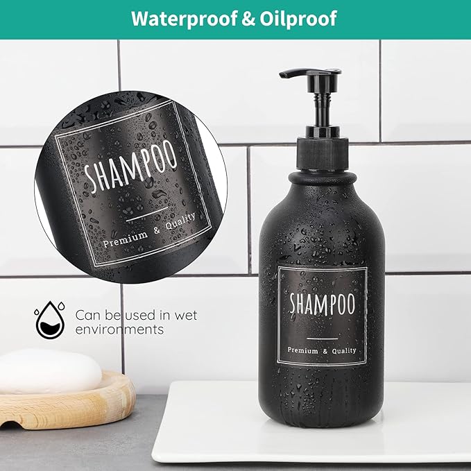 Segbeauty Soap Dispenser Labels, 18pcs Bathroom Waterproof Labels for Bottles, Black Removable Self-Adhesive Cleaning Bottle Label Stickers Printed with Shampoo Conditioner Body Soap
