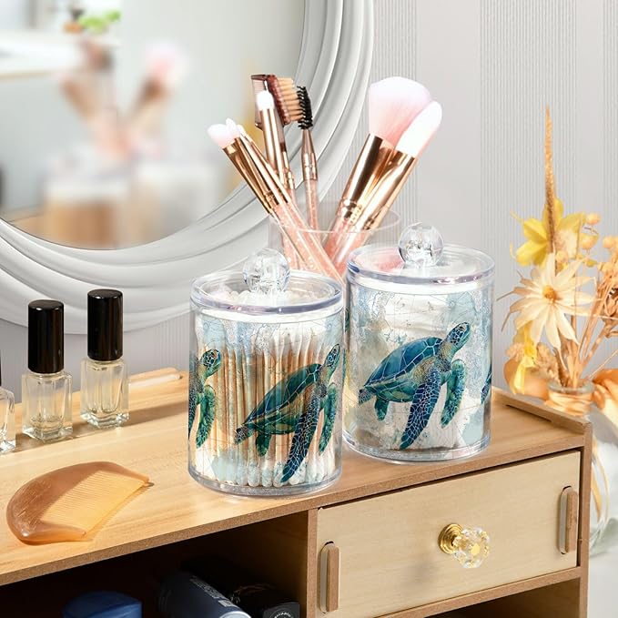 2 Pack Sea Turtle Pattern Apothecary Jars with Lid, 10 Oz Clear Plastic Apothecary Jar Set Qtip Holder Storage Containers for Cotton Ball Swabs Bathroom Vanity