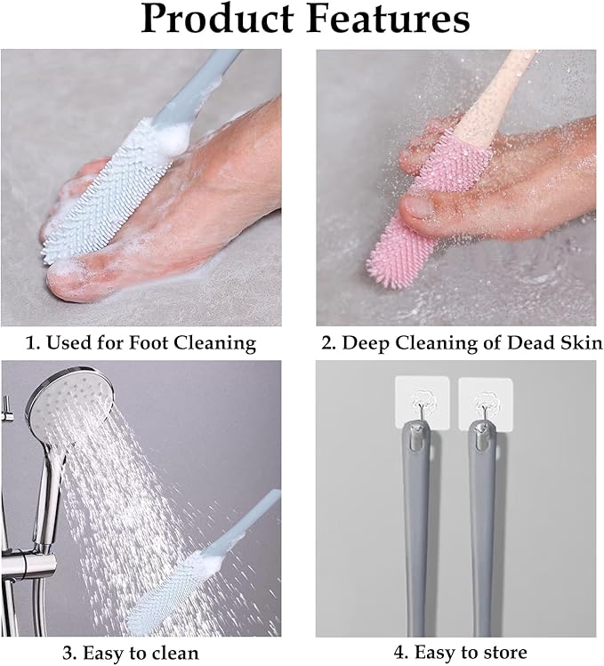 Toe Cleaning Brush, 15.7" Foot Scrubber with Long Handle - Shower Foot Brush Soft Feet Care Scrub Toe Scrubber for Exfoliating - Men, Women & Seniors (Gray)