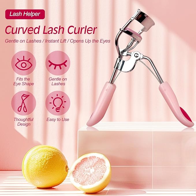 Pink Stainless Steel Eyelash Curler for Lasting Styling, with 4 Silicone Refill Pads, Pain-Free, Suitable for All Eye Shapes