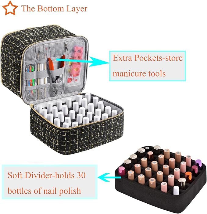 CTWWFS Nail Polish Organizer and Nail Lamp Case, Nail Kit Organizer Holds 30 Bottles (15ml - 0.5 fl.oz) and a Nail Lamp, Nail Polish Carrying Case with Manicure Tools Storage Sections (C-Black)