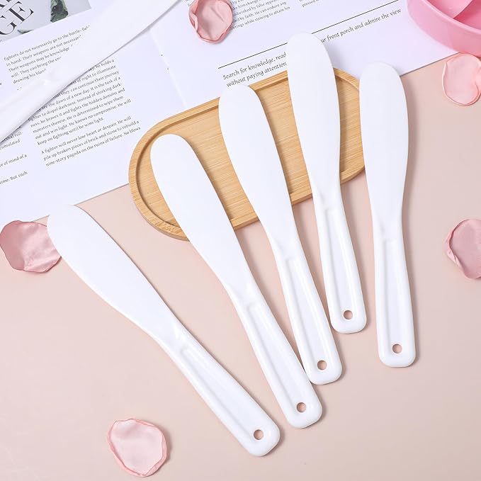 6Pcs Resuable Cosmetic Spatula, Mask Applicator Tool Small Plastic Makeup Face Mask Spatula, Creams Mixing, Skincare or Scraping Jars, Face Brush 8.11 1.22 Inch (White)