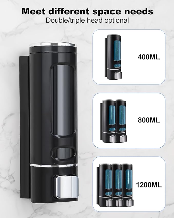 Shampoo and Conditioner Dispenser - 800ML Wall-Mounted Shower Shampoo Dispenser No Drill Body Wash Soap Dispenser for Shower, Bathroom, Hotel (2 Chamber)
