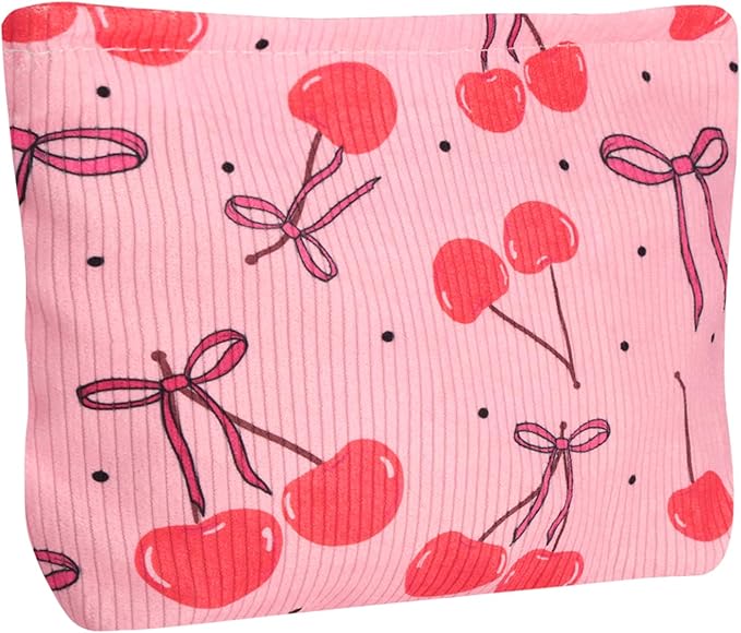 Cute Cherry Makeup Pouch for Women Small Make Up Bag for Purse Zipper Initial Makeup Cosmetic Bags Pouches for Purse Aesthetic Travel Toiletry Bags, Red Cherries Bows
