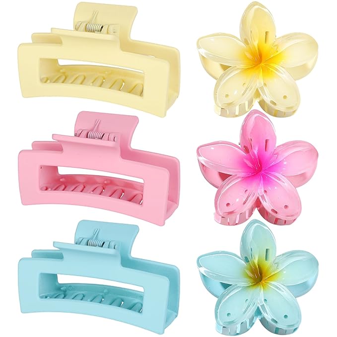 Flower Hair Clips for Women Square Claw Clips for Girls 2 Styles Hair Claw Clips for Thick or Thin Hair 6 PCS Hawaiian Hibiscus Rectangle Large Plumeria Medium Hair Accessories for Women (Pink)
