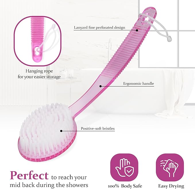 DecorRack Bath Brush with Bristles, Long Handle for Exfoliating Back, Body, and Feet, Bath and Shower Scrubber, Pink (1 Pack)