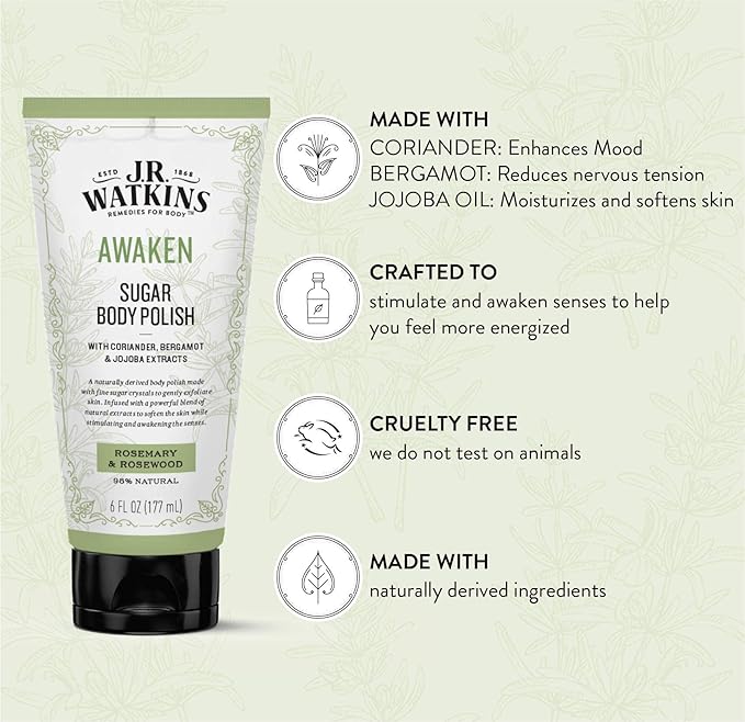 J.R. Watkins Awaken Sugar Body Polish, Rosemary & Rosewood Natural Body Scrub Cleanses, Softens & Stimulates Senses, 6 oz