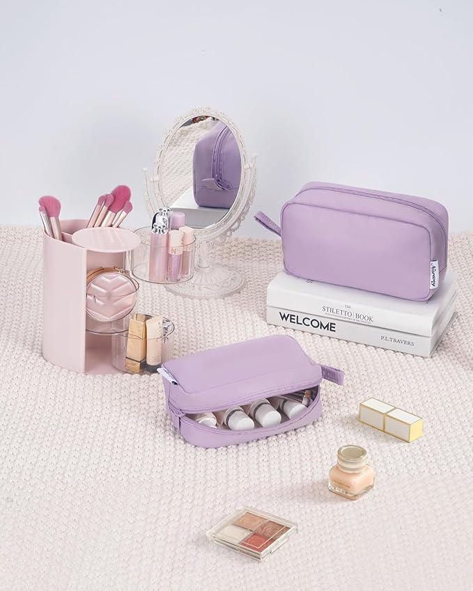 Narwey Cute Makeup Bag Small Toiletry Bag Travel Cosmetic Bag Organizer Make Up Bags with Organized Pockets for Women (Purple, Large)