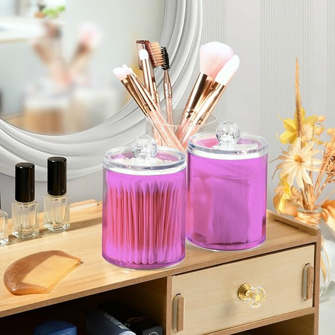 Violet Purple Qtip Holder Organizer Dispenser Cotton Swabs Cans Plastic Jars with Lid Set 4 Pack Bathroom Storage Canister for Cotton Ball Floss Cotton Pads