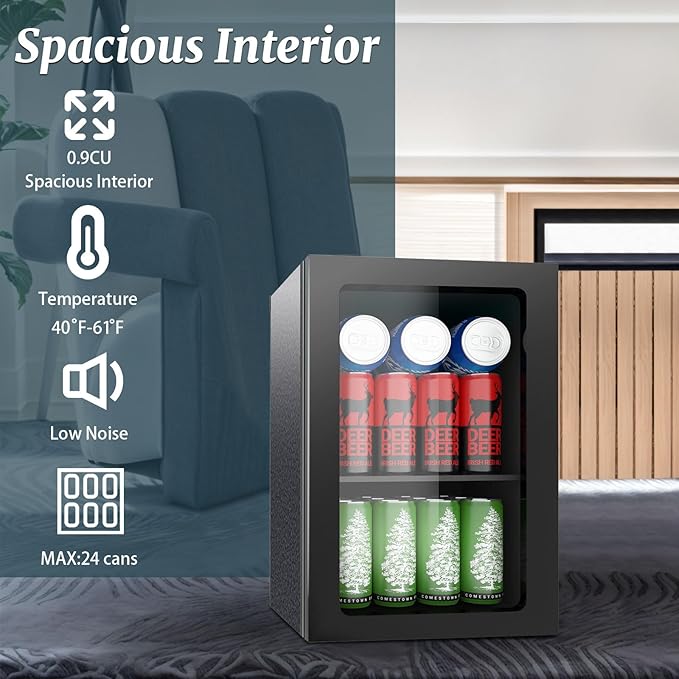 0.9 Cu.Ft Mini Fridge for 24 Cans, Beverage Refrigerator with Clear View Door and Adjustable Shelves, Small Drink Fridge for Soda, Beer, or Wine, Compact Cooler for Bedroom, Office, or Bar