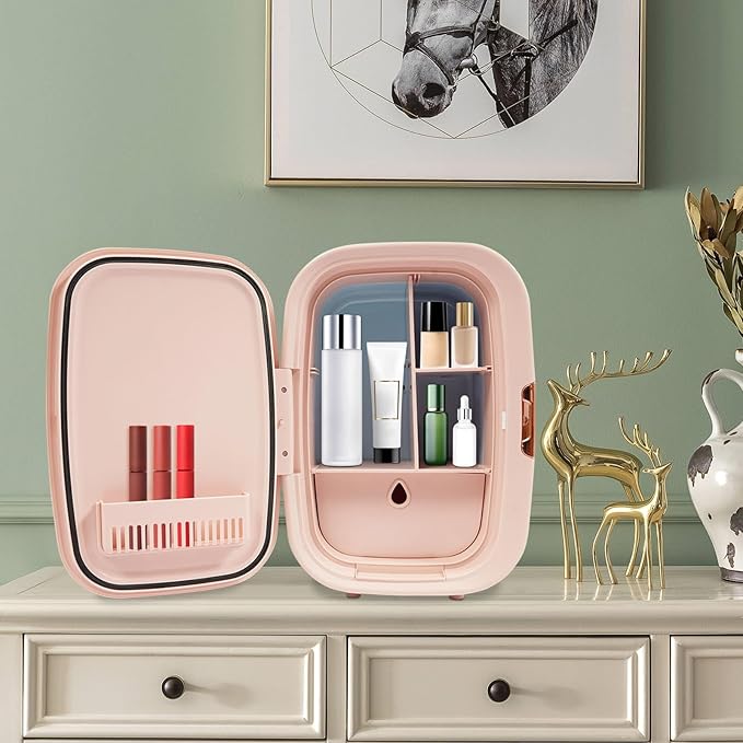 12L Portable Beauty Fridge with Handle, Compact Fridge for Makeup Lipstick, Cooler & Warmer Cosmetics Refrigerator with Adjustable Shelves for Makeup, Perfumes, Lipsticks (Pink)