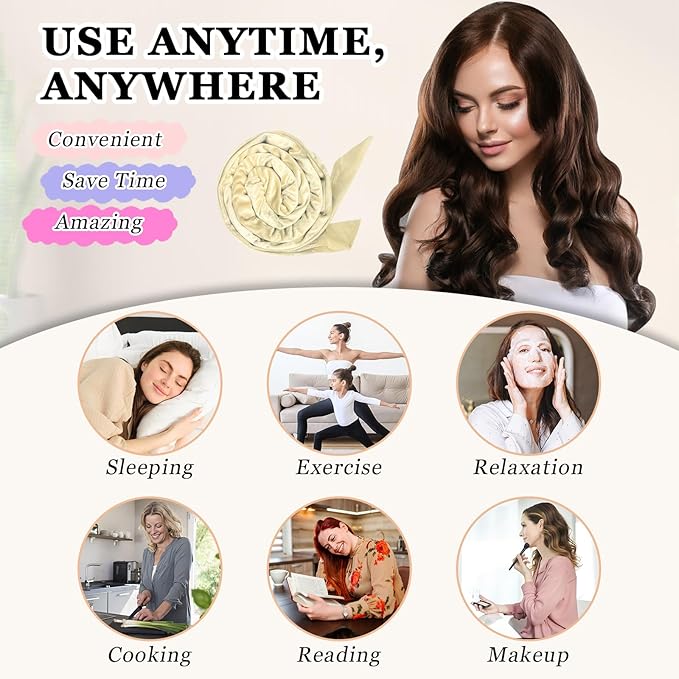 Heatless Curls Overnight Hair Curler, 70" Soft Hair Curlers to Sleep In No Heat Curls Overnight, 9 PCS No Heat Curlers Set for Women - Champagne