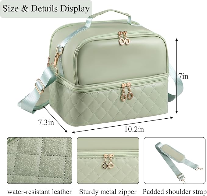 CTWWFS Nail Polish Organizer Holds 35 Bottles & Nail Lamp, Nail Organizers and Storage, Double Layer Nail Bag with Handle & Shoulder Strap for Travel, Nail Supplies Organizer for Manicure Kit (Green)