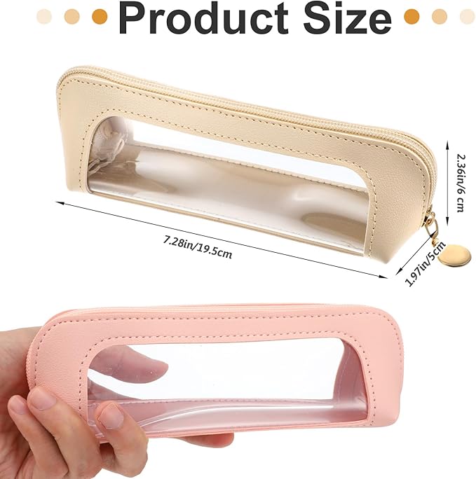 2Pcs Clear Makeup Brush Bag, Leather Slim Makeup Case, Portable Transparent Waterproof Cosmetic Pouch with Zipper, Double Sided Clear Bag for Women Travel Storage (White, Pink)