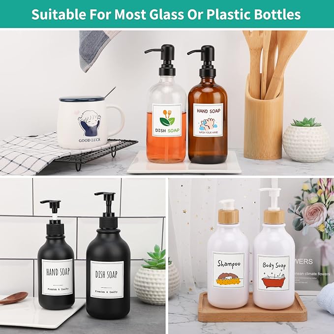 Segbeauty 18pack Waterproof Soap Labels, Farmhouse Kitchen Bathroom Organization Labels, 2.5in Reusable Removable Cleaning Hand Soap Dispenser Stickers for 10oz 16oz 32oz Plastic or Glass Bottles
