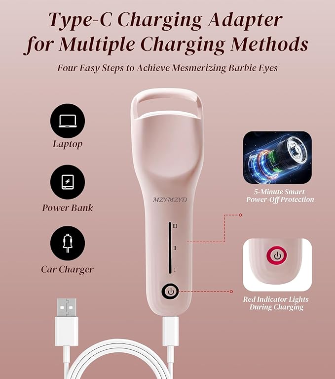 Heated Eyelash Curler, Eyelash Curlers with 3 Temp Settings, 10S Quick Heat-Up, 24H Long-Lasting Natural Curl, Type-C Recharge, Mini Electric Eyelash Curler for Women - Pink