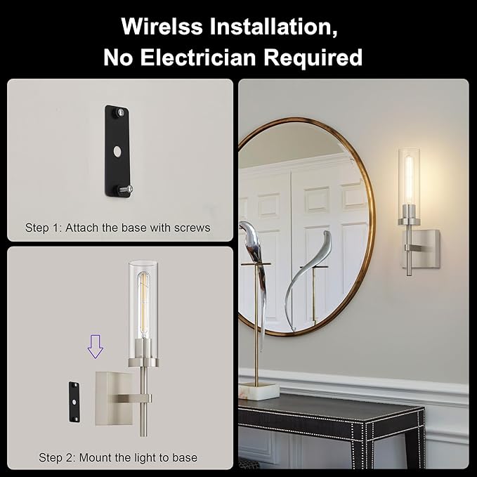 Brushed Nickel Battery Operated Wall Sconces with Remote Control, Wireless Wall Sconce Set of 2, Rechargeable Cordless Wall Lights for Living Room Bathroom Hallway Entryway Stairwell, 3000K
