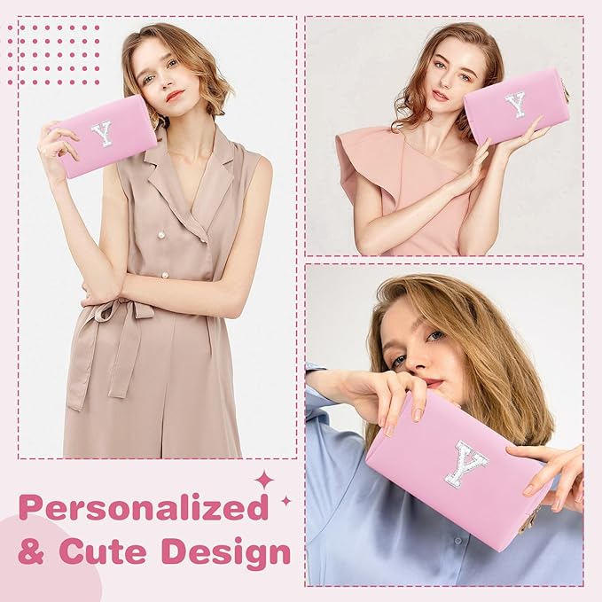 ChaoGreat Bride Gifts – Personalized Initial Makeup Bag with Pearl Rhinestone Patch, Preppy Pink Monogram Cosmetic/Toiletry Pouch, bridesmaid Gifts, Bridal Shower Gifts, Wedding Gifts, Bridal Gifts,Y