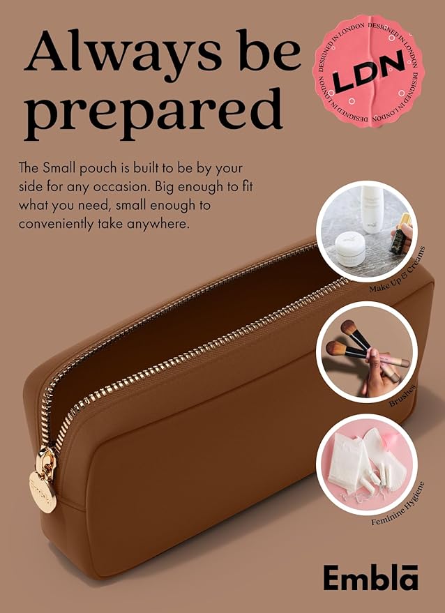 Embla Makeup Bag Travel Cosmetics Pouch and Toiletry Bag, Nylon Zipper Pouch Purse, Cute Make Up Organizer Storage Tote for Women Girls, Waterproof Travel Skincare Case, Small Makeup Bags, Chocolate
