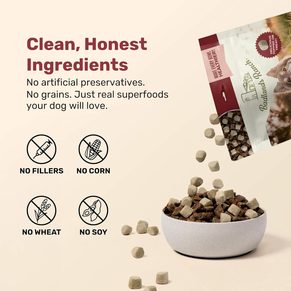 BADLANDS RANCH Superfood Nuggets – Freeze-Dried Raw Dog Food Topper/Treat. Nutrient-Dense Bison & Kale Formula. No Artificial Additives. Premium 8oz Bags – 4-Pack Bundle