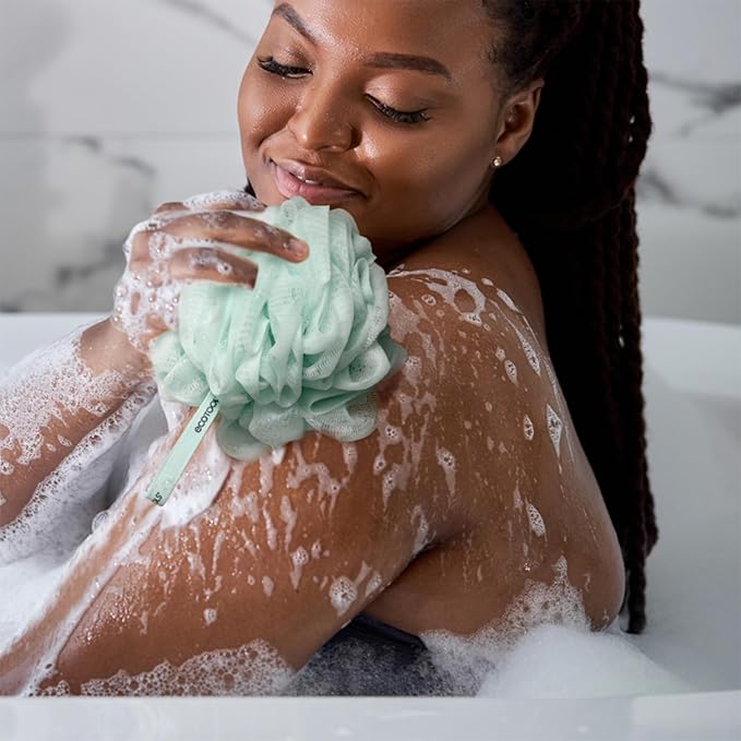 EcoTools Loofah Bath Brush with Long, Ergonomic Bamboo Handle + Green Delicate EcoPouf Made with Recycled Netting for Cleansing & Exfoliating Sensitive Skin, Self-Care Gifts