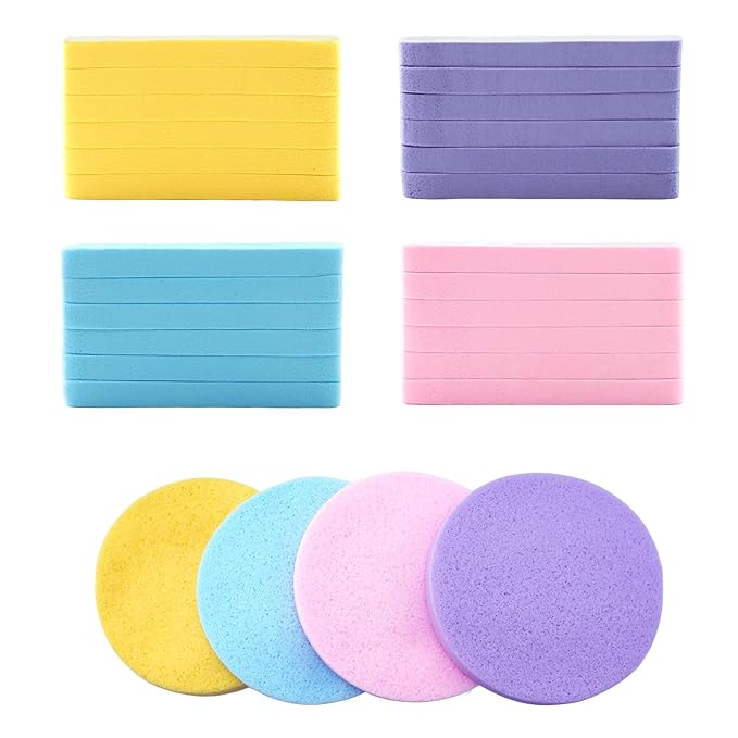Quacc 48 PCS Compressed Facial Sponges 4 Colors Soft Facial Cleaning Sponge for Face Cleansing, Exfoliating, Makeup Removall (Yellow, Pink, Purple, Blue)
