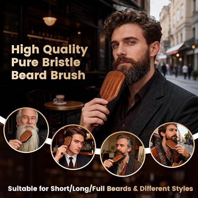 Beard Brush for Men, Natural Boar Bristle Sapele Wood Brush for Beard and Hair, Men's Grooming Kit with Pocket Beard Comb for Facial Hair Styling, Growth, Shine