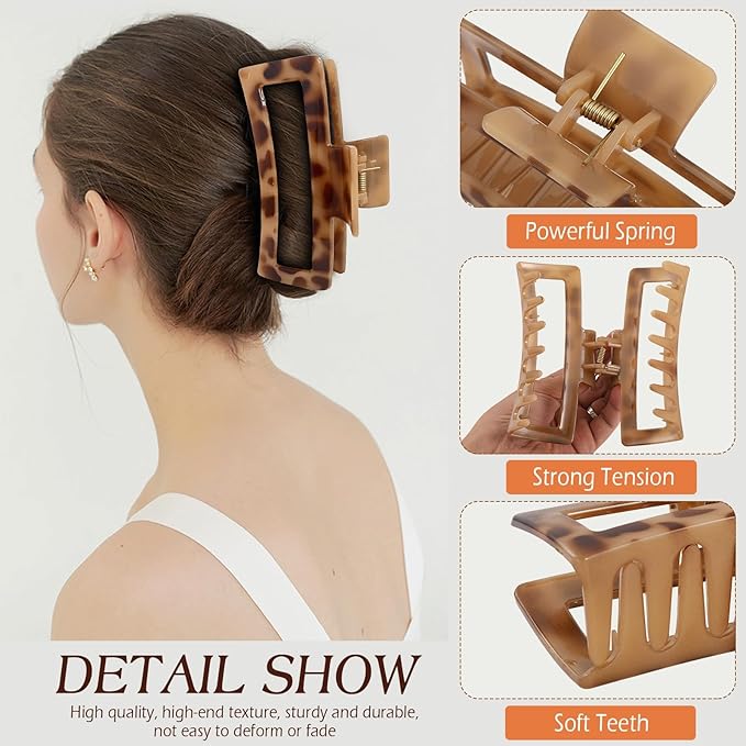4 PCS 5 Inch Extra Large Claw Clips for Women, Tortoise Shell Jumbo Claw Clips for Thick Long Curly Hair, Oversized Matte Non-slip Rectangle, Durable Strong Hold Hair Clip,Non-slip Square Jaw Clip