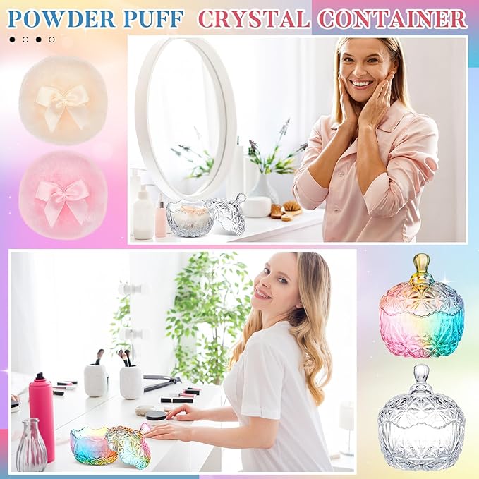 Tioncy 4 Pcs Large Body Powder Puff and Container Extra Large Body Powder Puff Dish Soft Washable Reusable Fluffy Makeup Sponge Wet Dry(Diamond,Colorful and Clear)