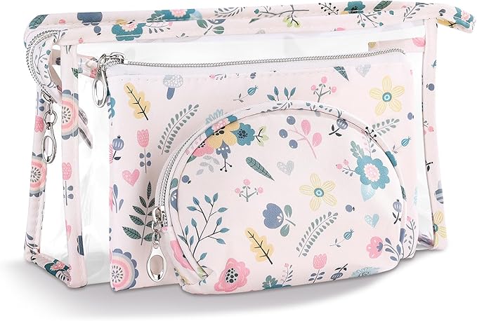 Richeart Makeup Bag, Clear Bag with Zipper, 3PC Floral Flowers Makeup Pouch, Waterproof Small Pouch, Portable Travel Toiletry Bag, C