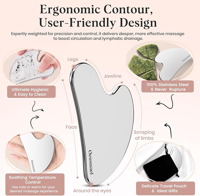 Stainless Steel Gua Sha Facial Tools, Lymphatic Drainage Massager for Face, Face Sculpting & Jawline Shaper, Puffiness Reducing, Neck Body Guasha Tool, Skin Care Gift for Women Men with Pouch