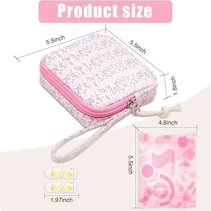 Small Makeup Bag | Discreet Period Bag Pad Pouch for Purse| Sanitary Napkin Storage & Tampon Holder for Travel (Cute flower pink)