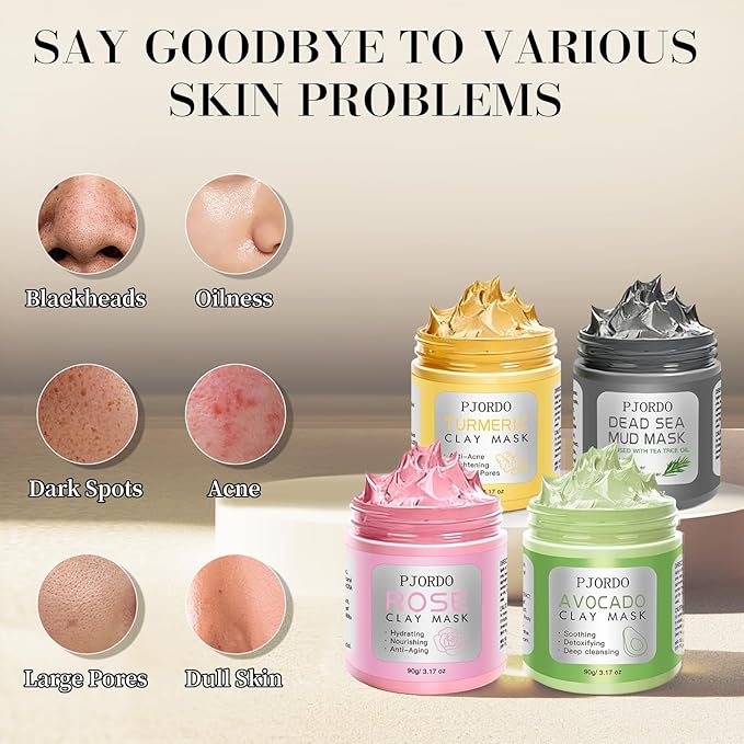 4 Pcs Clay Mask for Face(360g in total), Turmeric Vitamin C, Dead Sea Mud, Green Tea Avocado, Rose, Face Mask Skincare for Pore Cleansing, Facial Clay Mask Set Gifts for Women, 3.17 Oz Each