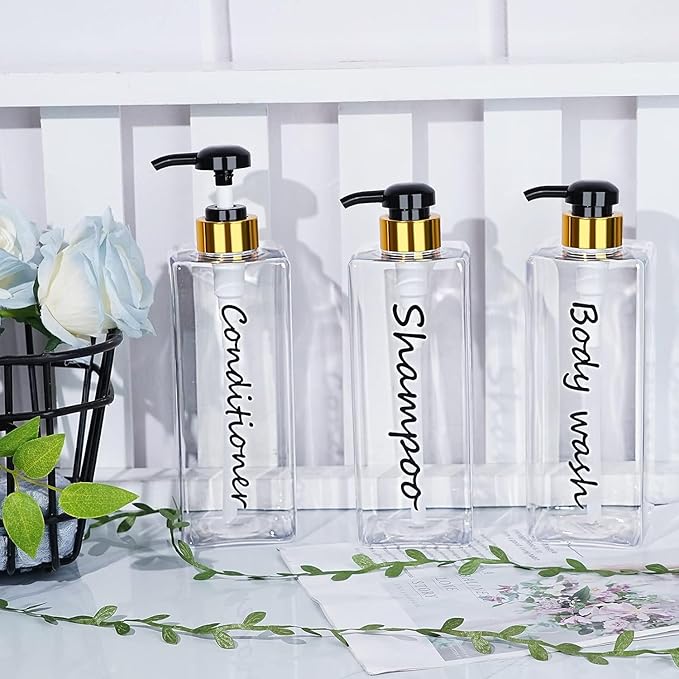 21oz Shampoo Dispenser - Refillable Shampoo and Conditioner Bottles (Clear, Set of 3) - Modern Shampoo Bottles for Shower Soap - Empty Shampoo Conditioner Body Wash Dispenser Set - for Hotel Bathroom