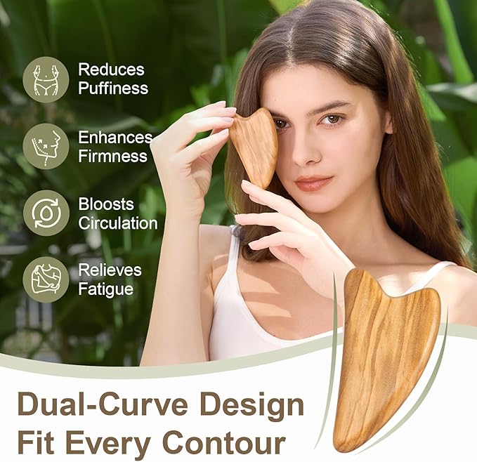 Gua Sha Tool for Face & Body - Natural Olive Wooden Lymphatic Drainage Massager, Facial Massage Tool for Jawline Sculpting & Puffiness Reducing, Skin Care Gift with Satin Pouch