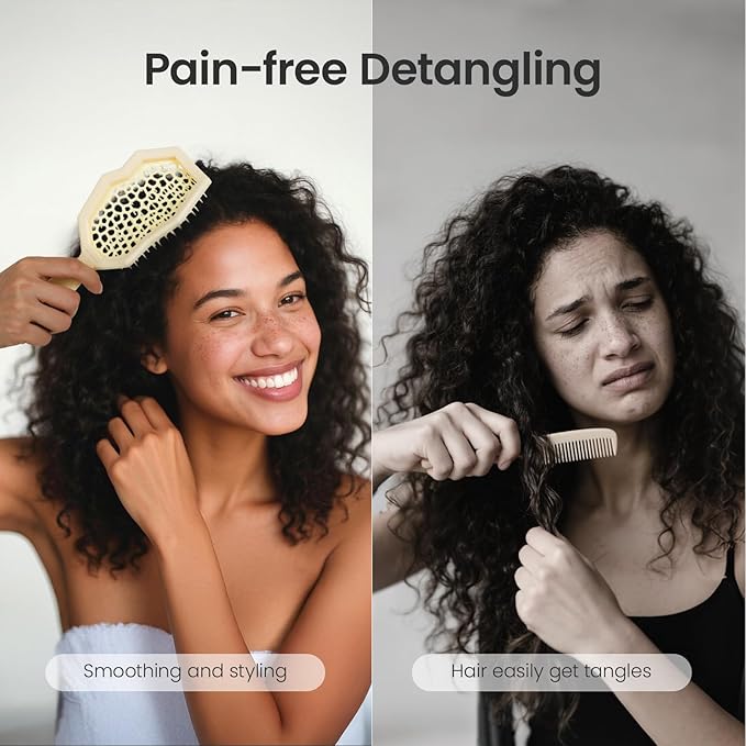 AIMIKE Glacier Detangling Brush, Pain-Free Detangler Brush for Curly Hair Wet & Dry Use, Glide Through Tangles with Ease, Vented Hair Brush for Women's 2c to 4c Curls, Cream Yellow