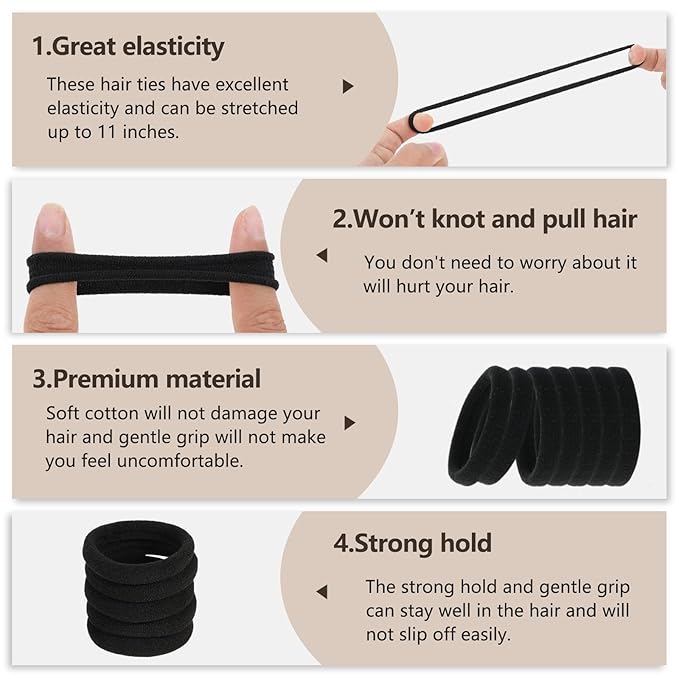 Hair Ties, 150 PCS No Damage, Hair Elastics Hair Accessories for Women Girls, Thick Seamless Hair Ties - Black