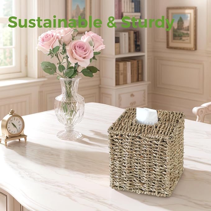 Seagrass Tissue Box Cover, Wicker Tissue Box Holder Square, Hand Woven Cube Tissue Box Cover Tissue Holder for Bathroom Living Room Kitchen Office, Natural