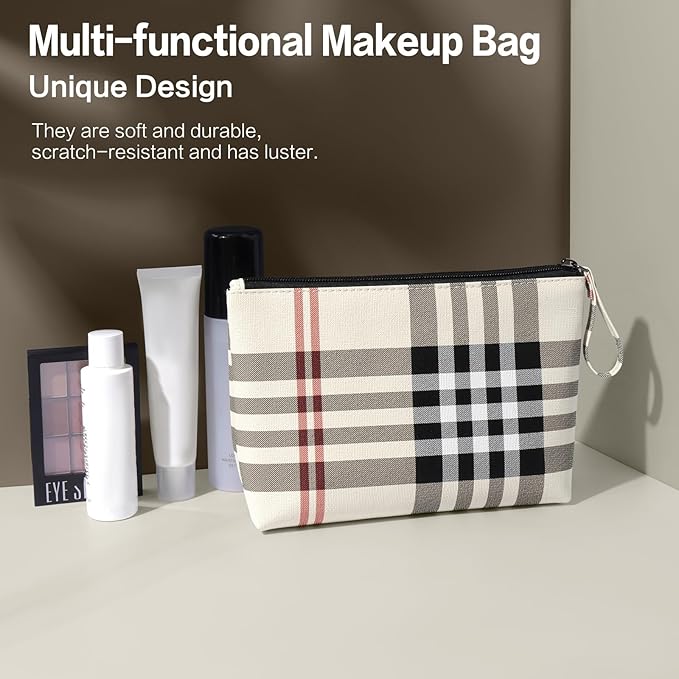 MAANGE Small Makeup Bag for Purse Cosmetic Bags for Women Pu Leather Makeup Pouch Travel Makeup Bag with Handle Make Up Bag for Travelling(Khaki)
