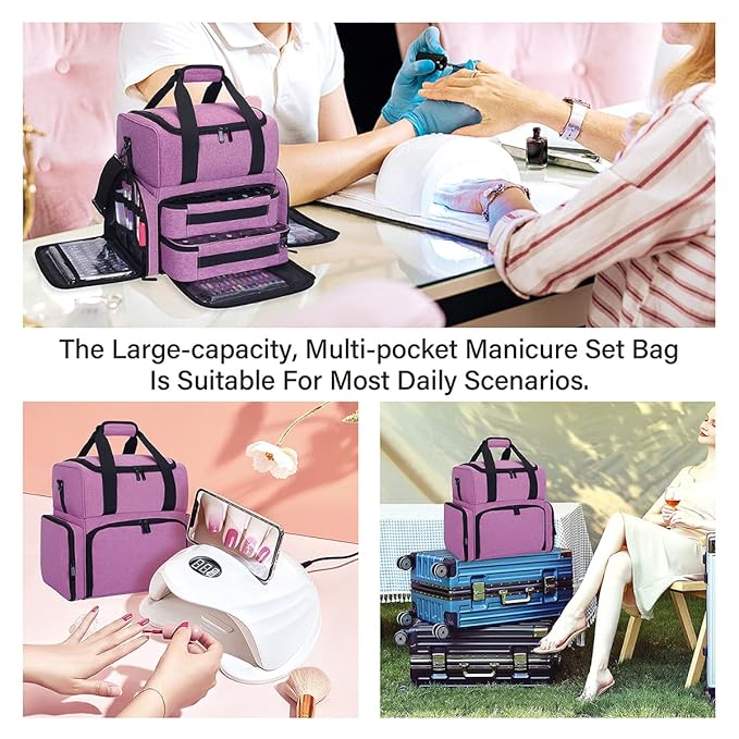 Nail Polish Organizer Holds 80 Bottles & Nail Art Lamp, Portable Large Capacity Storage with 2 Removable Storage Bags Suitable for Manicurists and Manicure Enthusiasts(Purple)