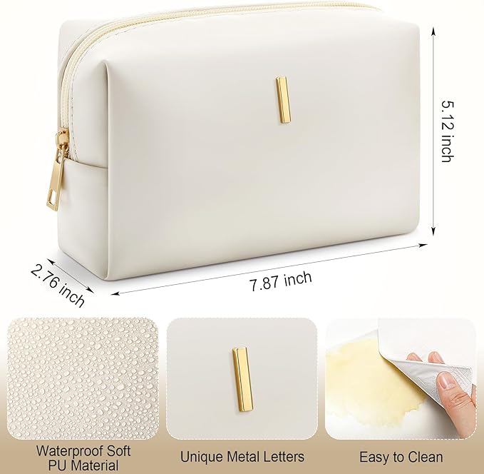 Kigeli Initial Makeup Bag for Women Beige Leather Easter Basket Gifts Monogram Cosmetic Bag Small Travel Toiletry Pouch Wedding Birthday Graduation Bridesmaid Gifts for Teen Girls Women Teachers(I)