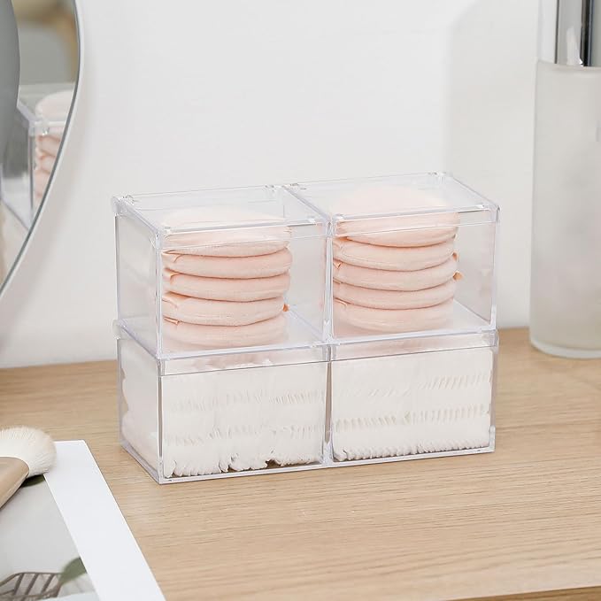 2 Pack Bathroom Container with Divider, Plastic Vanity Storage Canister Jars with Lid for Cotton Balls, Makeup Pads, Cosmetics Sponges, Floss Picks, Clear Desk Drawer Organizer Box