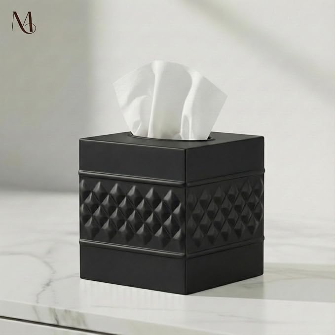 Monarch Abode Tissue Box Cover Square – Handcrafted Geo Embossed Black Metal Tissue Holder Box for Bathroom Accessory, Aesthetic Decorative Facial Napkin Cube for Modern Home Décor