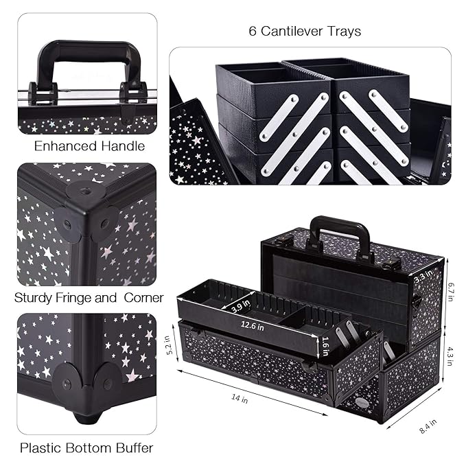 Makeup Case 6 Trays Large 14" x 8.5" x 11" Train Cases Cosmetic Organizer Storage Box by Joligrace - Star Pattern